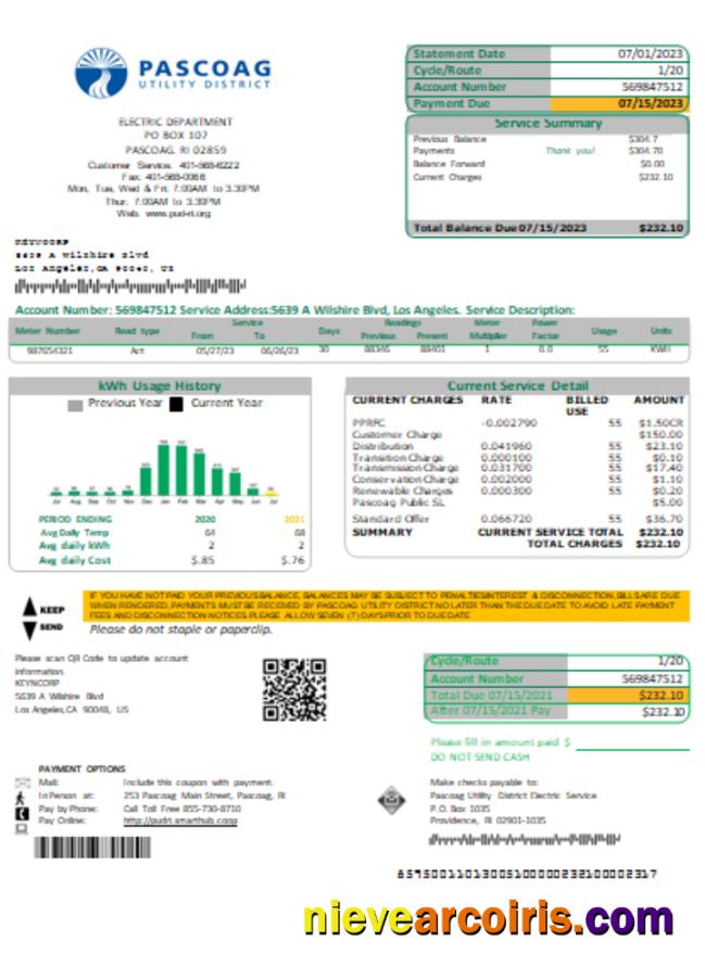 Pascoag Utility District utility business bill
